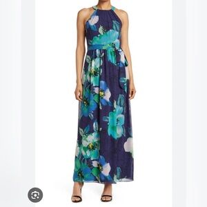 Eliza J Sleeveless Shirred Halter Floral Maxi Dress size 6